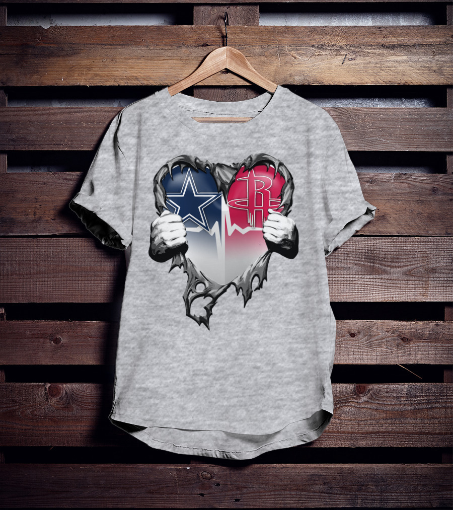 Dallas Cowboys Houston Rockets Torn Heart Logo Fusion T-Shirt