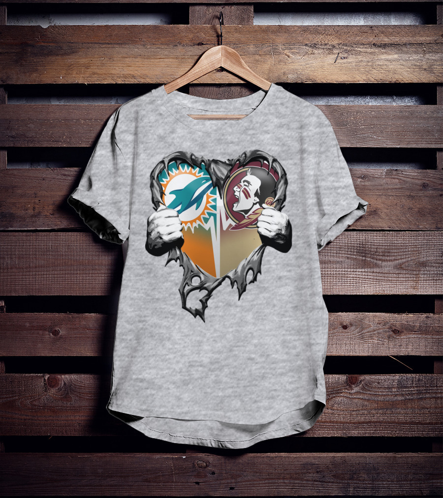Miami Dolphins Florida State Seminoles Heart Tear T-Shirt