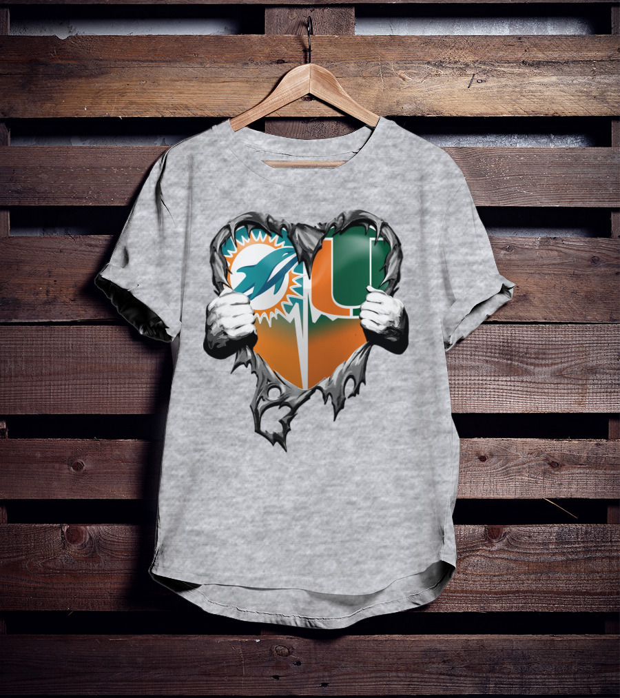 Miami Dolphins And Miami Hurricanes Heart T-Shirt