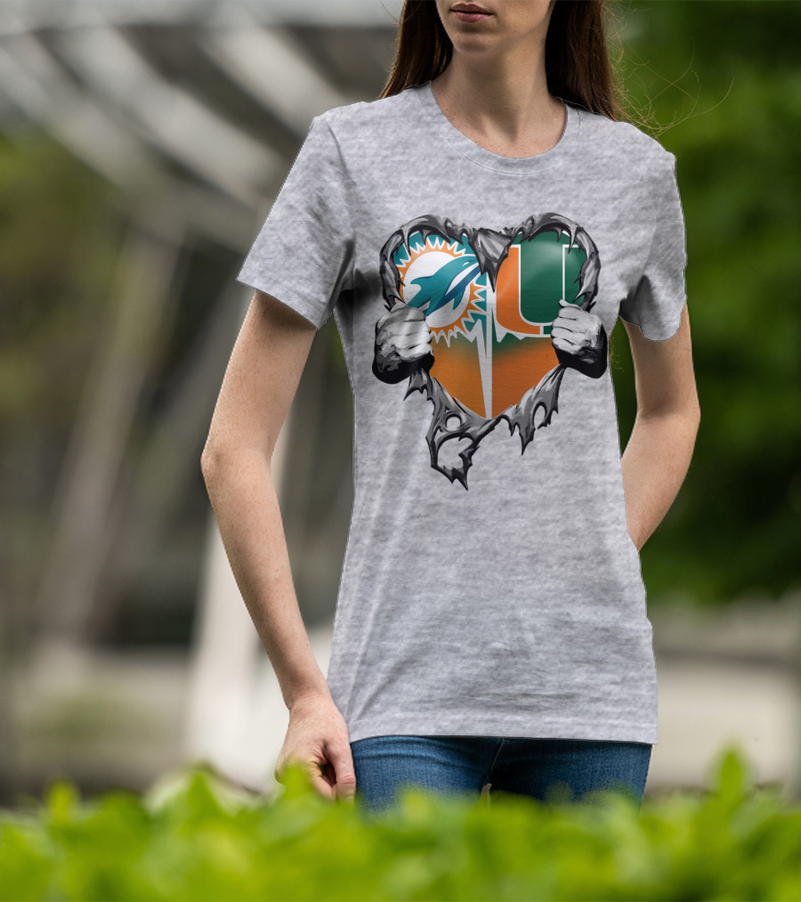 Miami Dolphins And Miami Hurricanes Heart T-Shirt