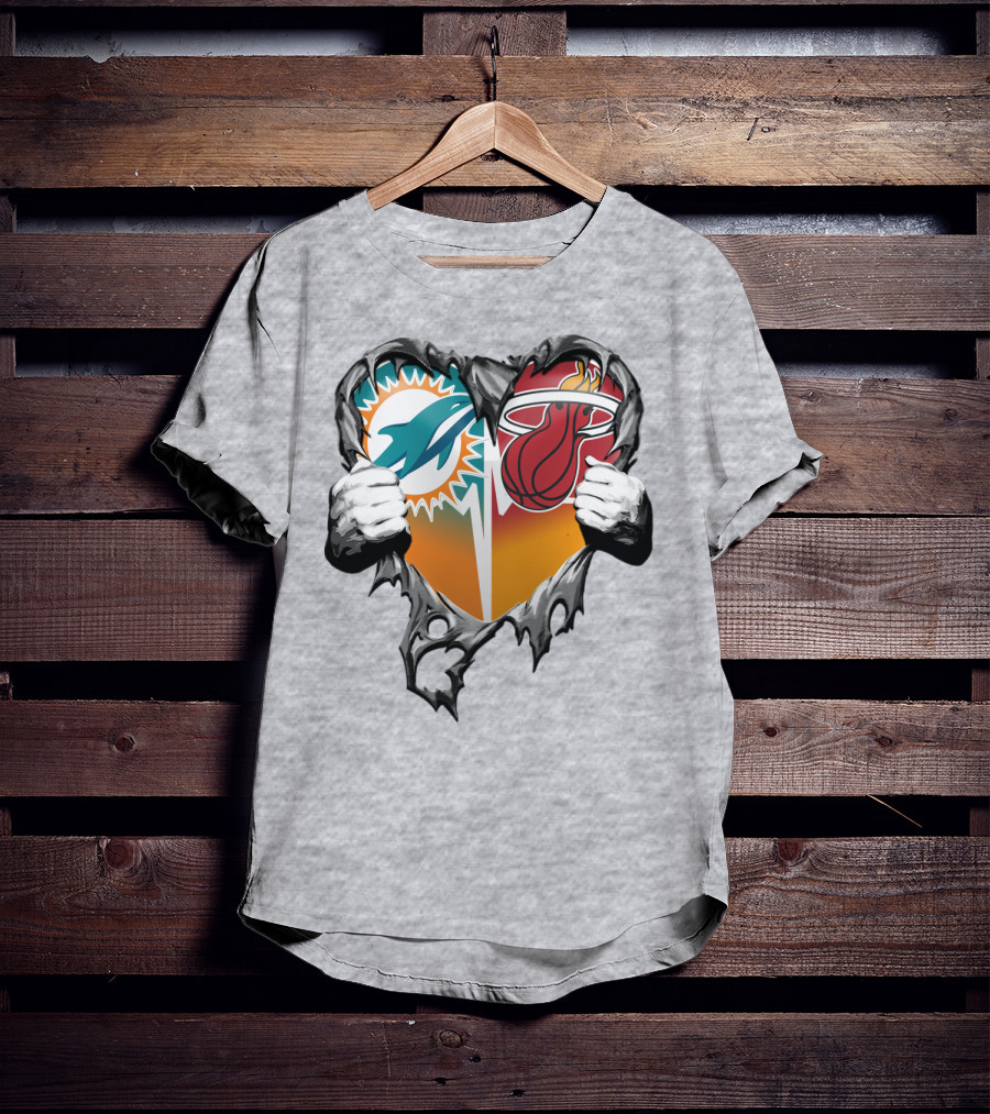 Miami Dolphins Miami Heat Heart Hands T-Shirt