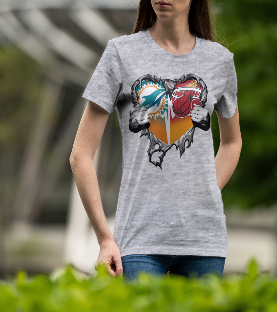 Miami Dolphins Miami Heat Heart Hands T-Shirt