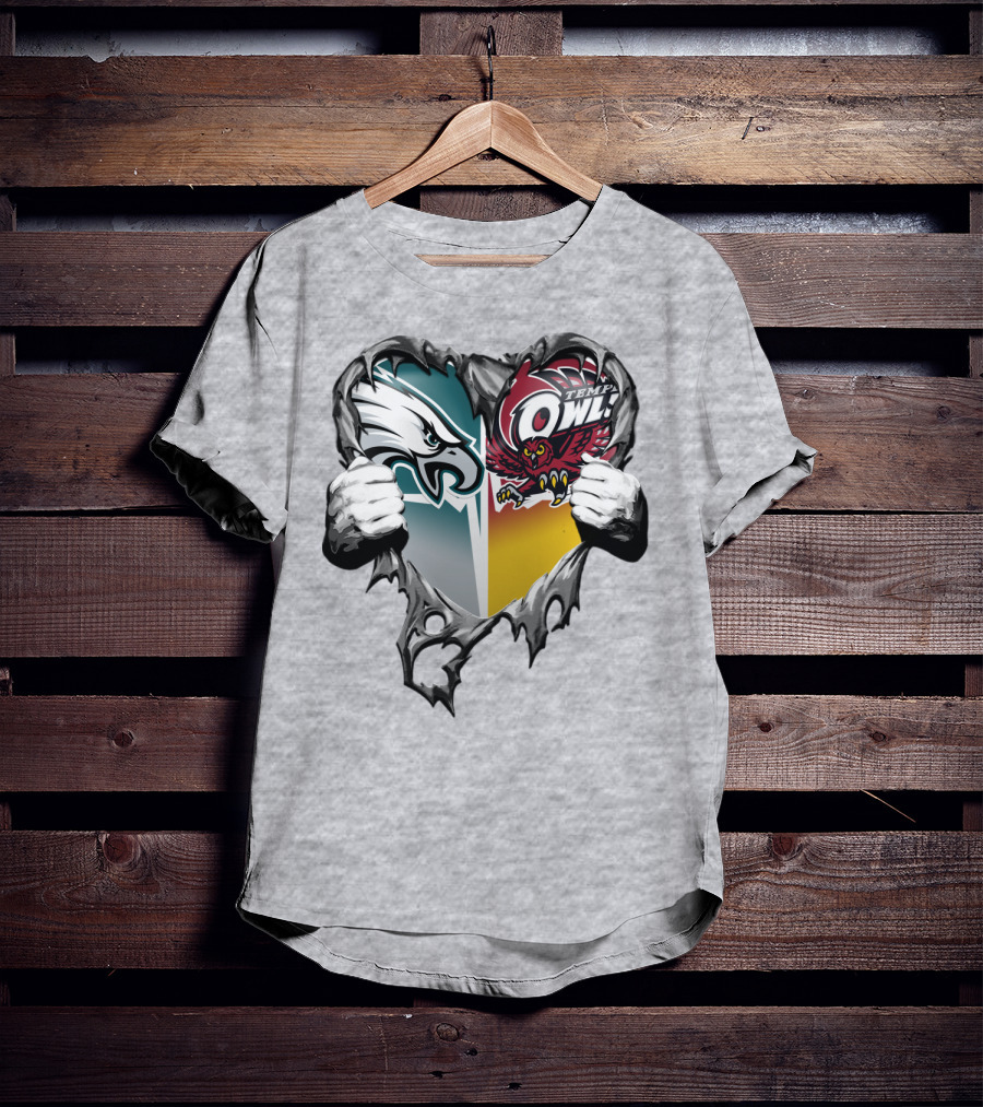 Philadelphia Eagles Temple Owls Heart Logo Rip T-Shirt