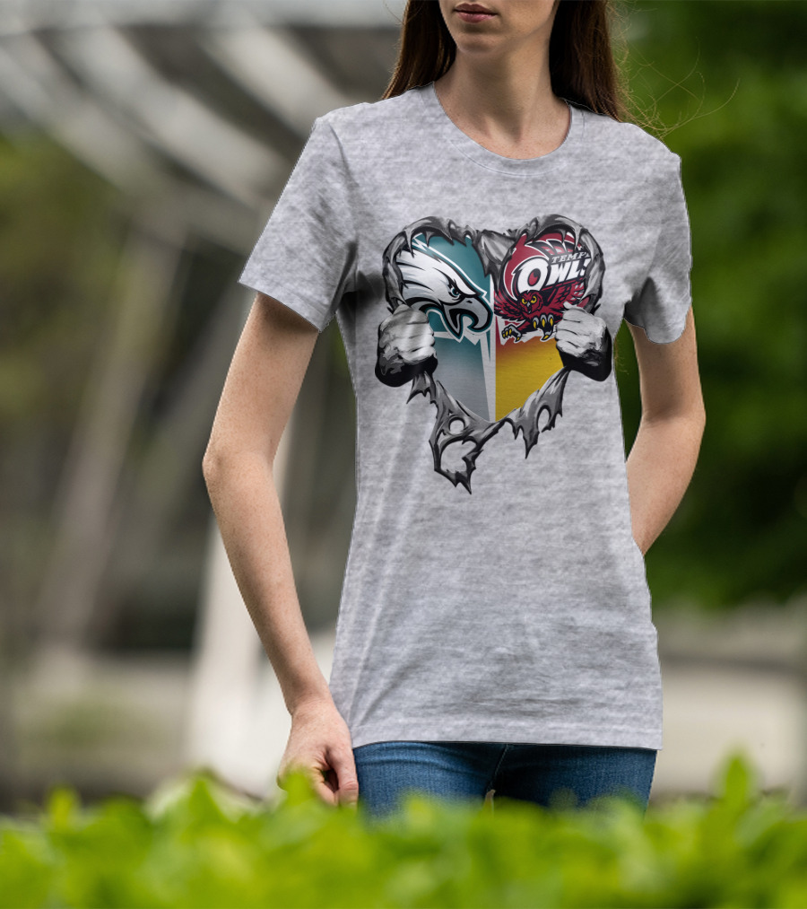 Philadelphia Eagles Temple Owls Heart Logo Rip T-Shirt