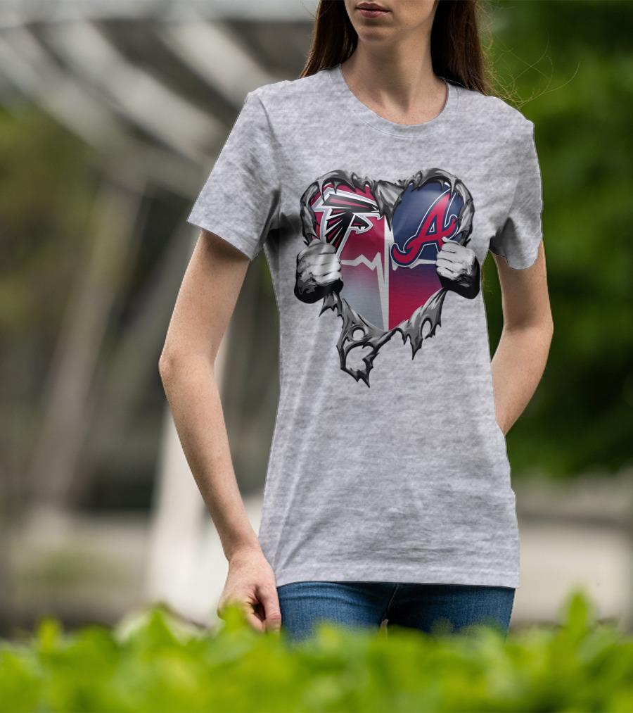 Falcons Braves Heart Design With Ripped Effect And Hands T-Shirt