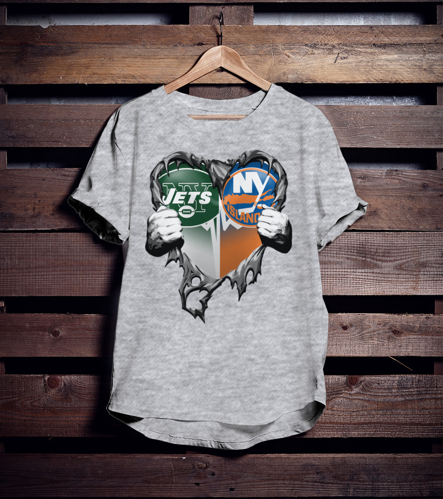 Jets Islanders Heart Rip Torn Metal Hands T-Shirt