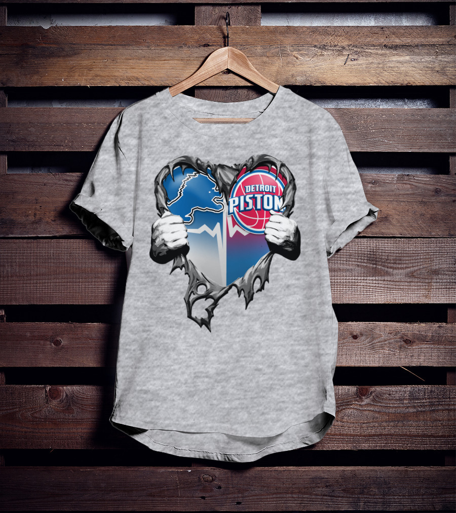 Detroit Lions And Detroit Pistons Heart Logo Fusion T-Shirt