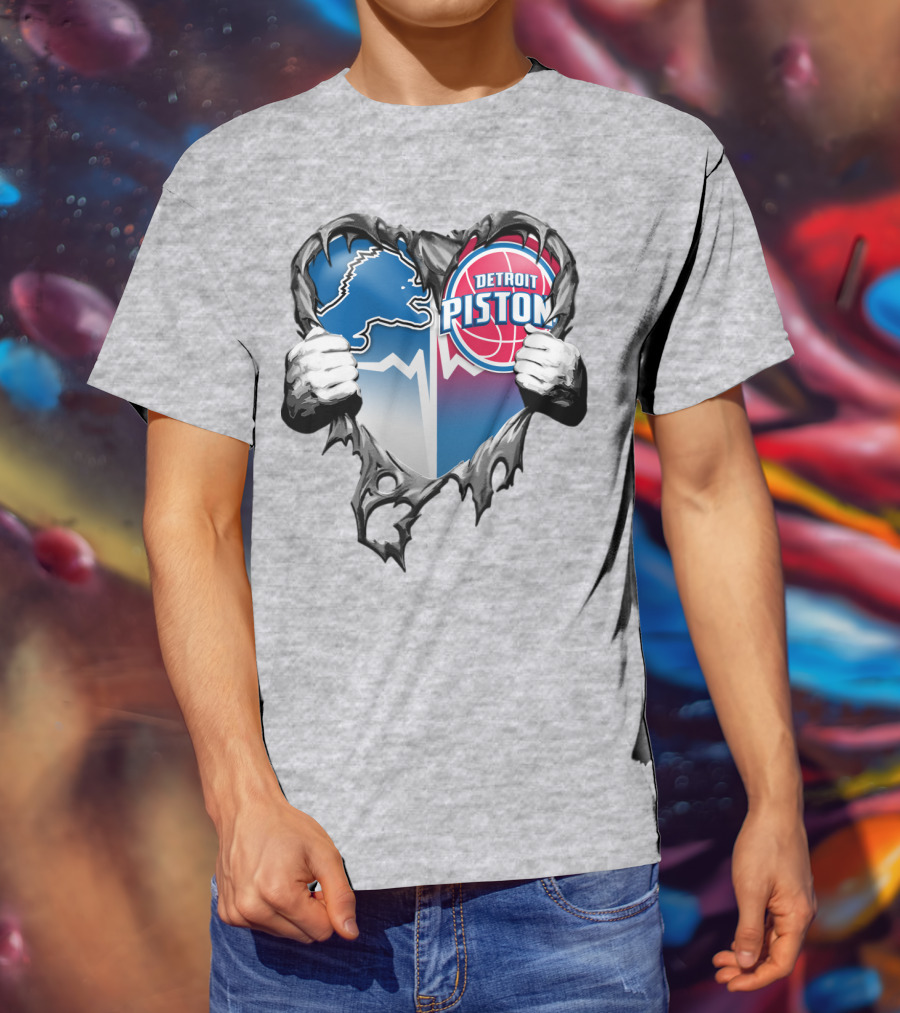 Detroit Lions And Detroit Pistons Heart Logo Fusion T-Shirt