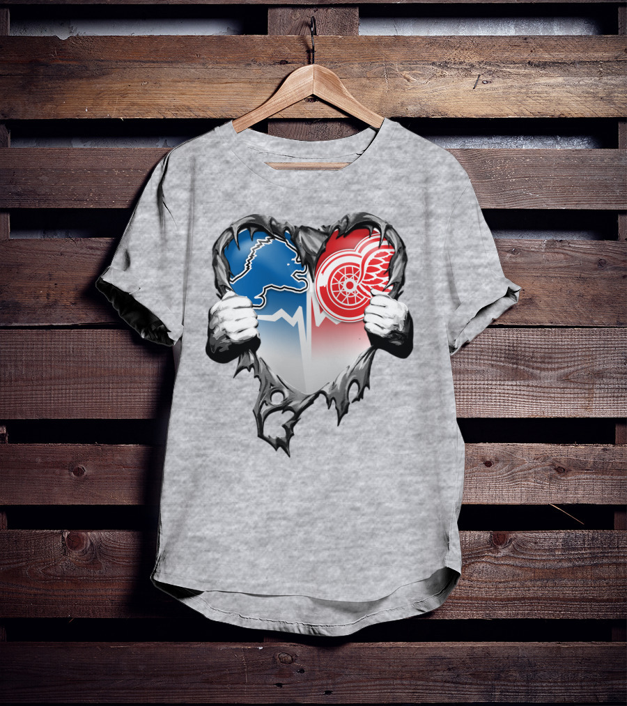 Xatt073 Detroit Lions Red Wings Heart Rip T-Shirt