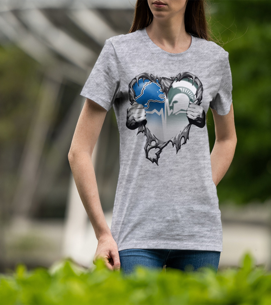 Detroit Lions And Michigan State Spartans Heart Logo Collaboration T-Shirt