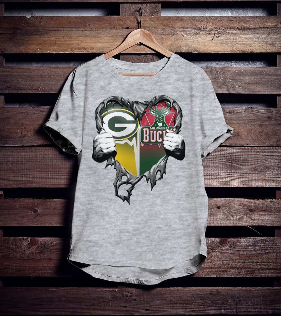 Green Bay Packers Milwaukee Bucks Heart T-Shirt