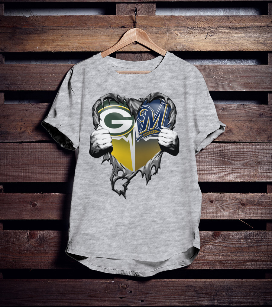 Green Bay Packers Milwaukee Brewers Heart Tear T-Shirt