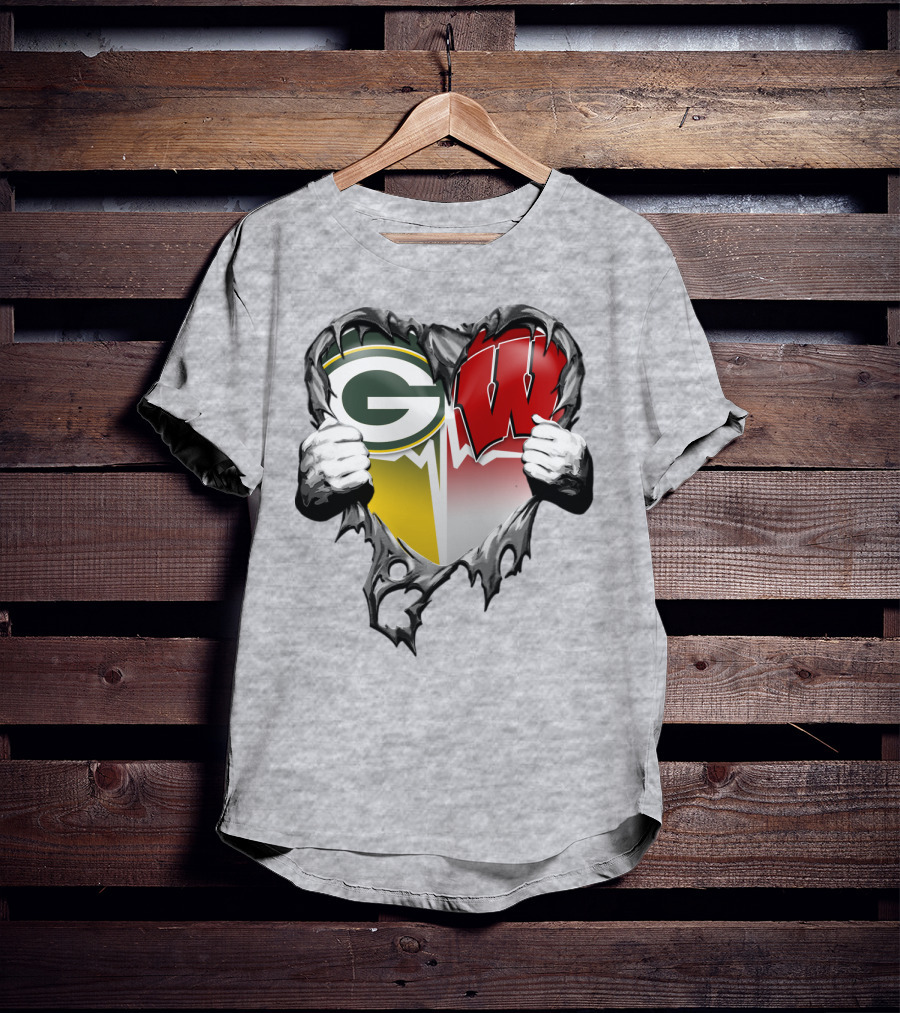 Green Bay Packers And Wisconsin Badgers Rip Heart T-Shirt
