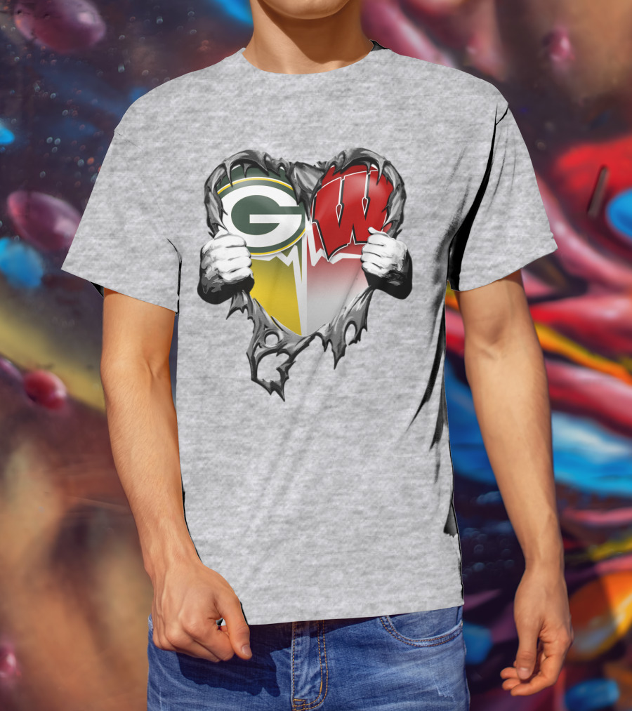 Green Bay Packers And Wisconsin Badgers Rip Heart T-Shirt