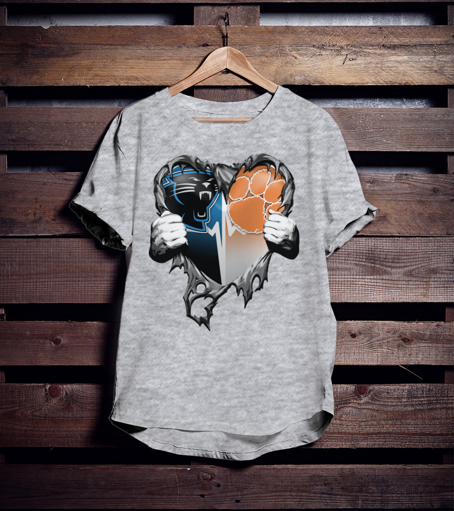 Carolina Panthers Clemson Tigers Heart Ripped T-Shirt