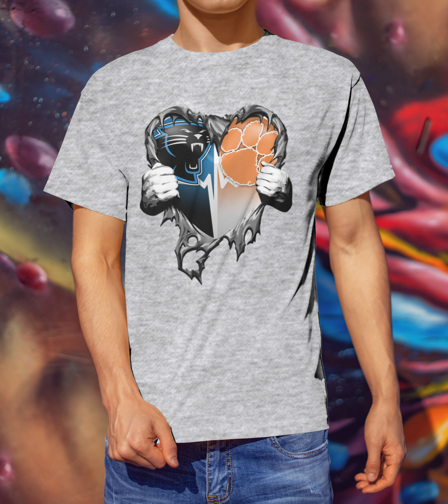 Carolina Panthers Clemson Tigers Heart Ripped T-Shirt