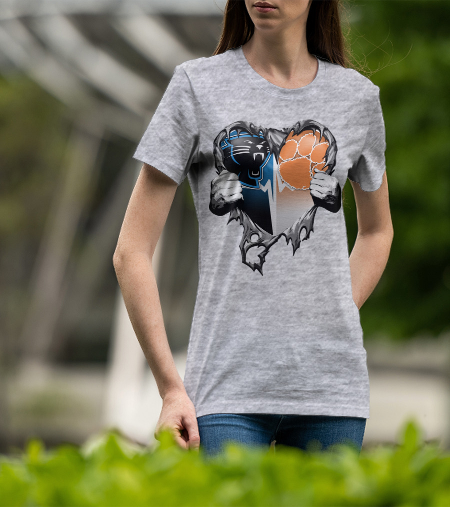 Carolina Panthers Clemson Tigers Heart Ripped T-Shirt