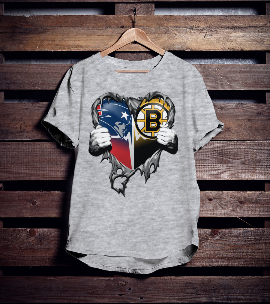 Patriots Bruins Torn Heart Logo Fusion T-Shirt