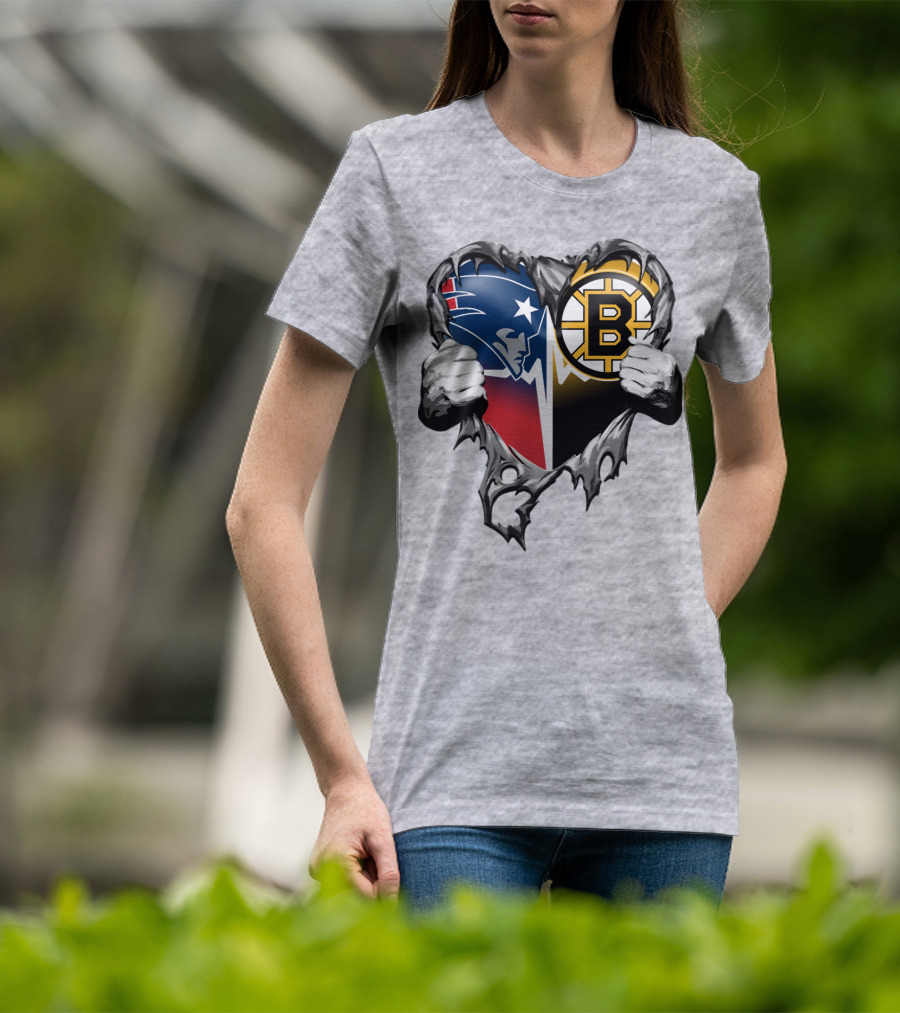 Patriots Bruins Torn Heart Logo Fusion T-Shirt