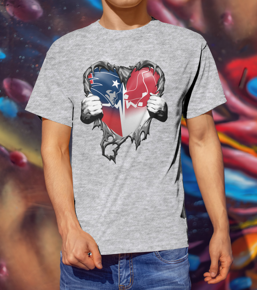 Patriots And Red Sox Heart Design With Torn Metal Effect T-Shirt