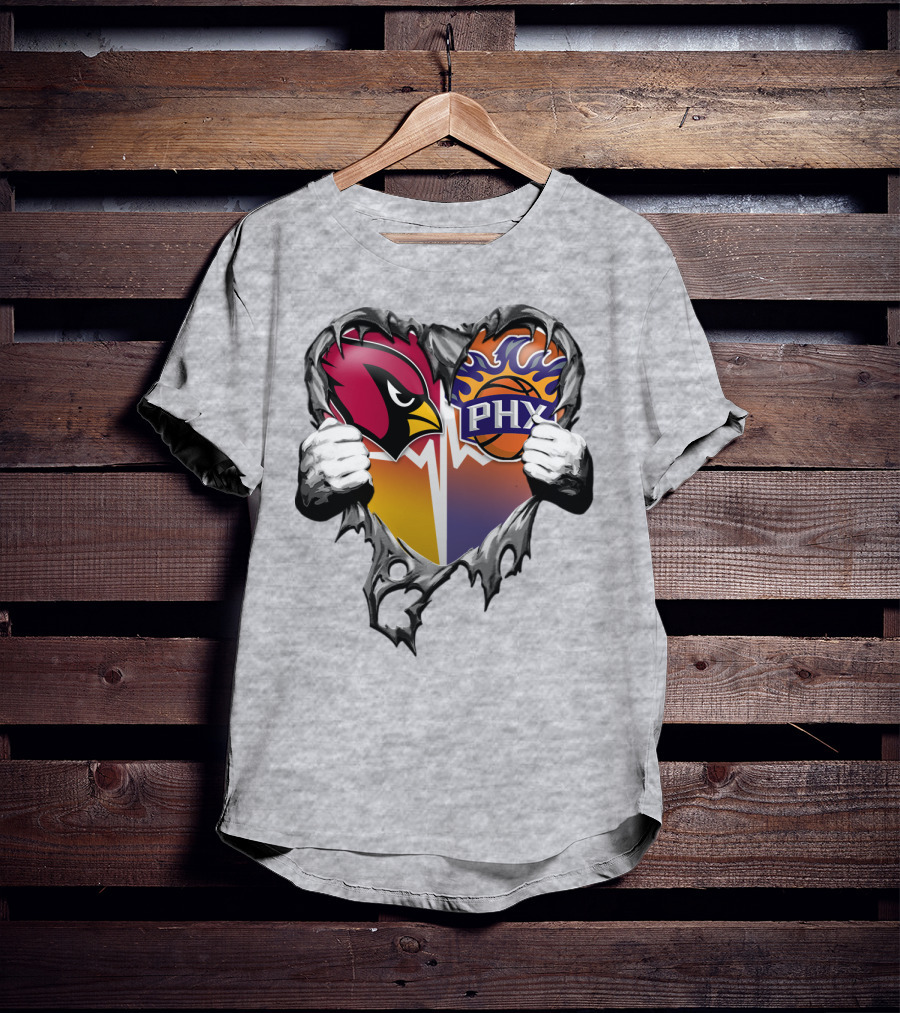 Arizona Cardinals And Phoenix Suns Heart Symbol With Torn Metal Effect T-Shirt