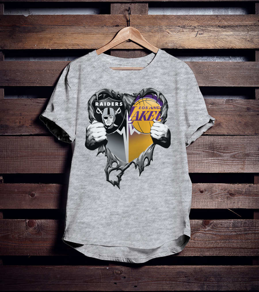 Raiders Los Angeles Lakers Heart Logo Tear T-Shirt