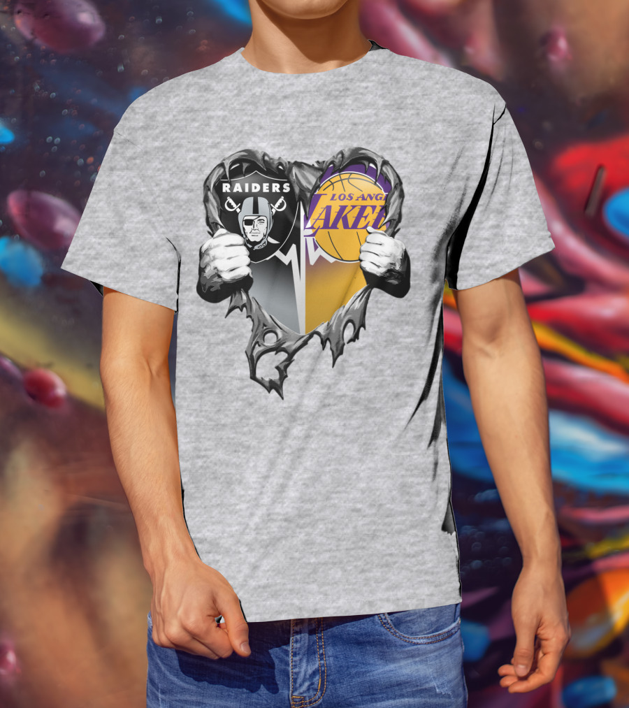 Raiders Los Angeles Lakers Heart Logo Tear T-Shirt