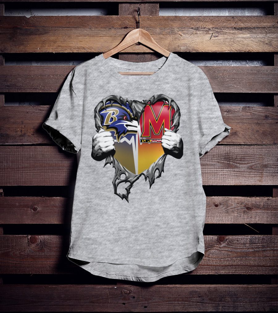 Baltimore Ravens Maryland Terrapins Heart Rip Football Fan T-Shirt