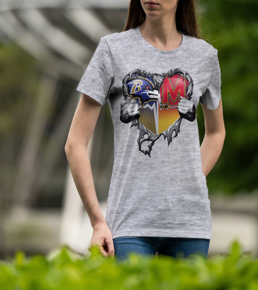 Baltimore Ravens Maryland Terrapins Heart Rip Football Fan T-Shirt