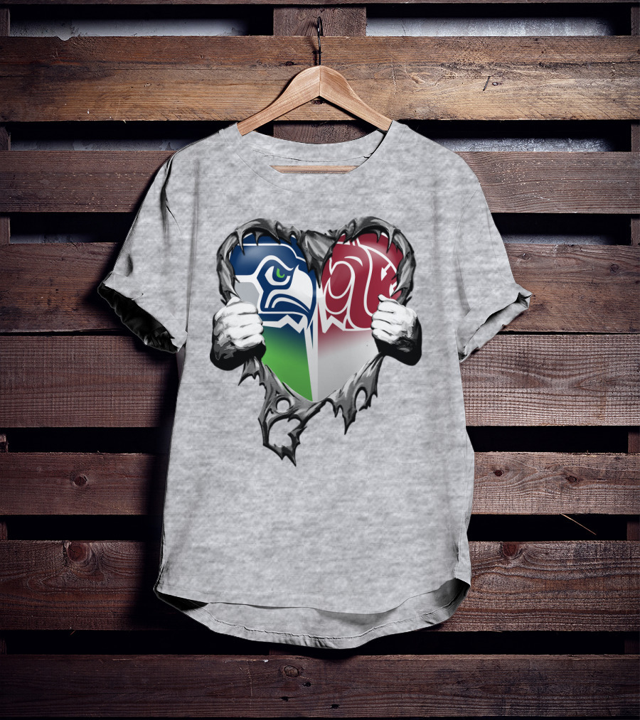 Seattle Seahawks And Washington State Cougars Split Heart T-Shirt