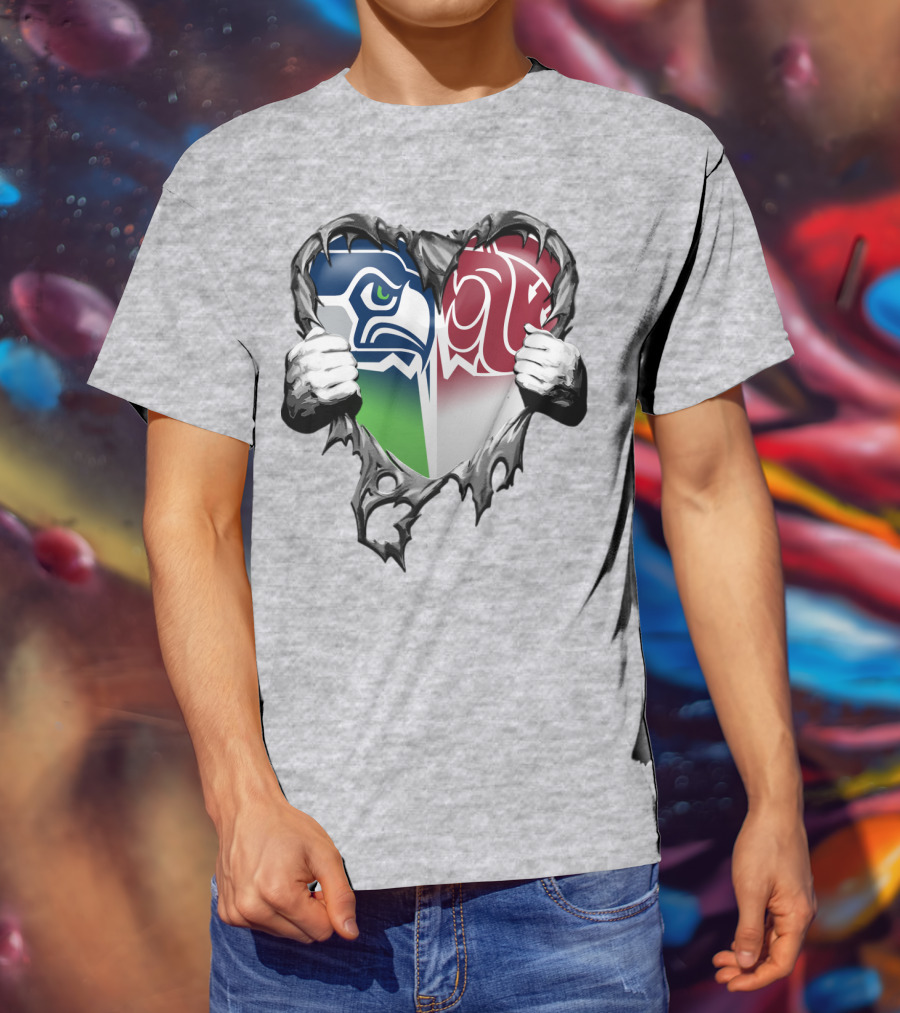 Seattle Seahawks And Washington State Cougars Split Heart T-Shirt