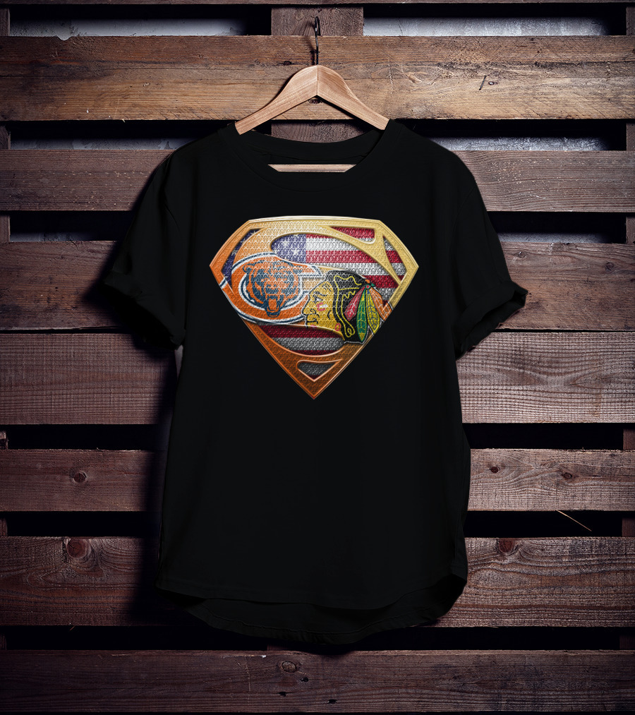 Chicago Bears Blackhawks Flag Superman T-Shirt