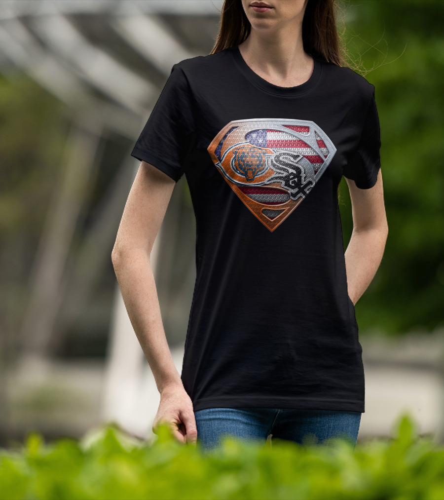 Chicago Bears White Sox American Flag Superman Shield T-Shirt