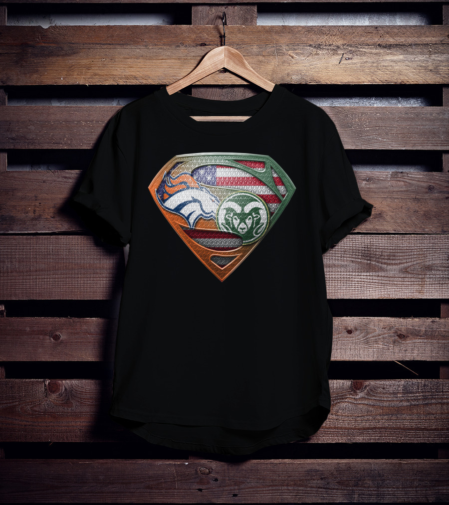 Denver Broncos And Colorado State Rams Superman Shield American Flag Montage T-Shirt