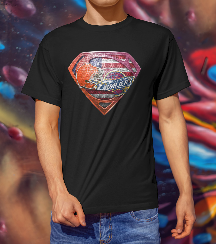Cleveland Cavaliers And Browns Superman Shield With American Flag T-Shirt