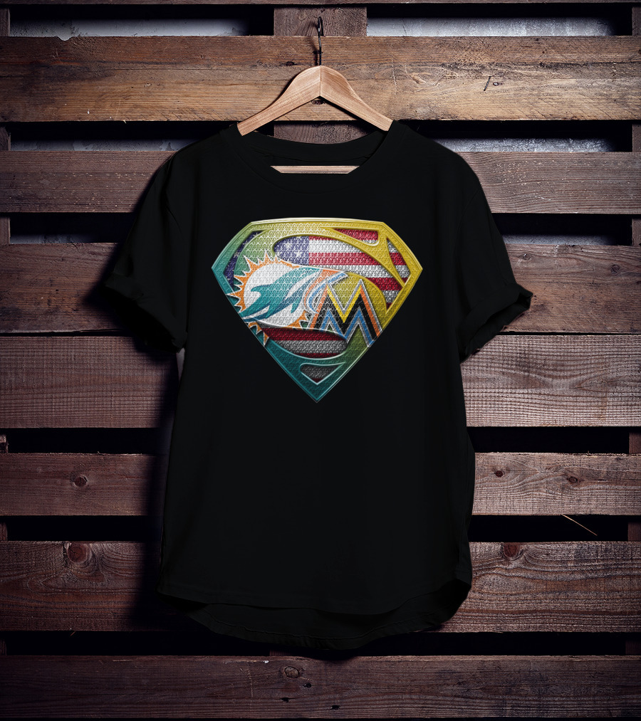 Miami Dolphins Marlins American Flag Superman T-Shirt