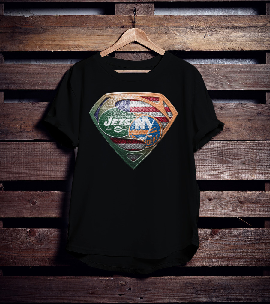 New York Jets Ny Islanders American Flag Superman Shield T-Shirt