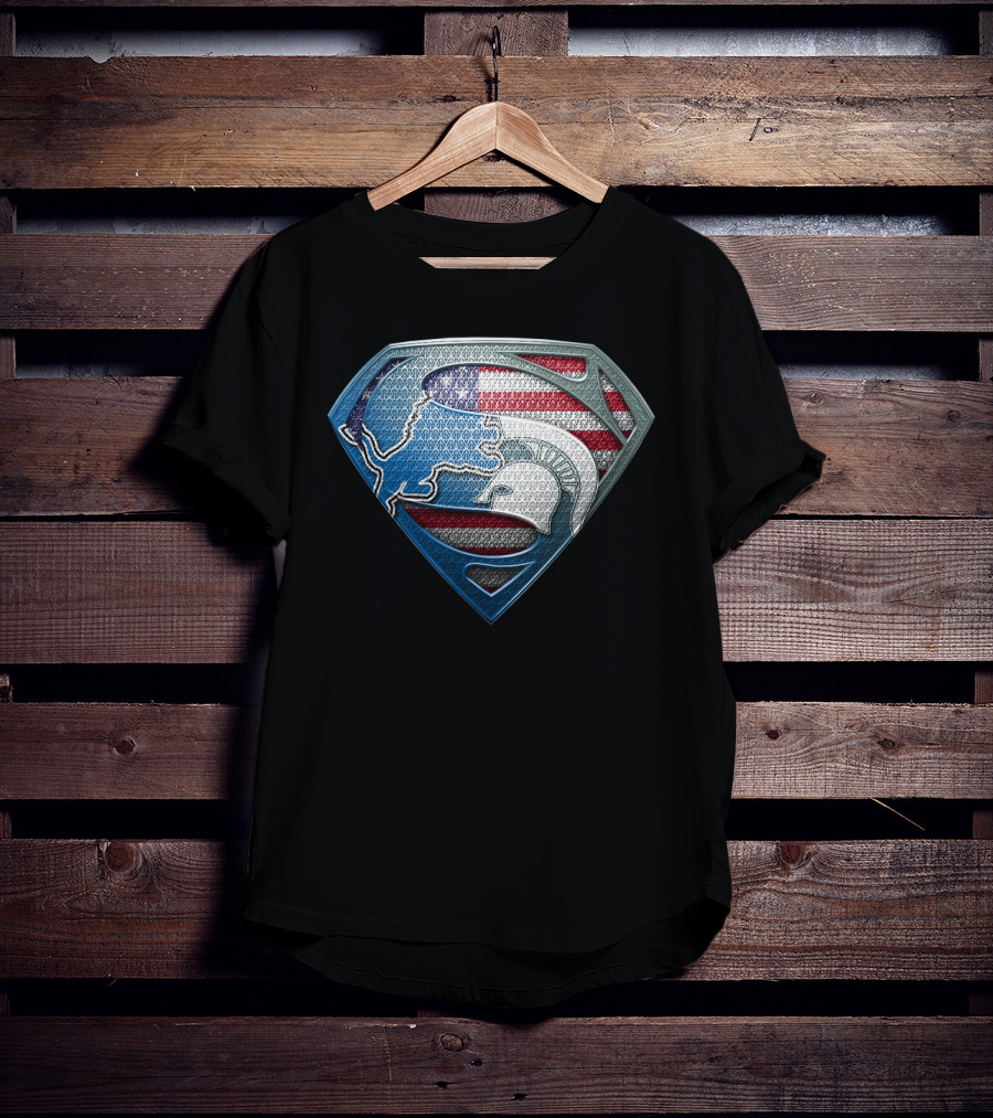Detroit Lions And Michigan State Spartans American Flag Superman T-Shirt