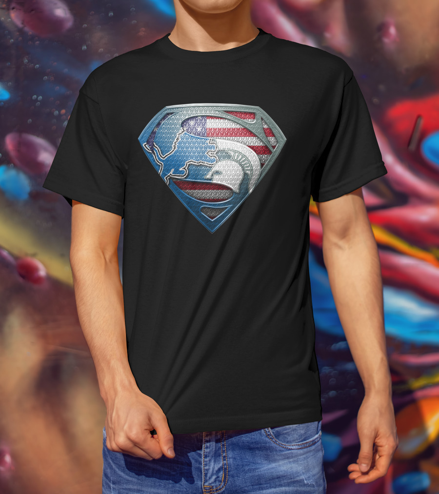 Detroit Lions And Michigan State Spartans American Flag Superman T-Shirt