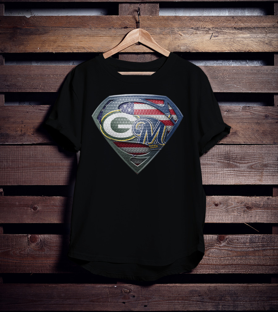 Packers Brewers Superman Shield American Flag T-Shirt