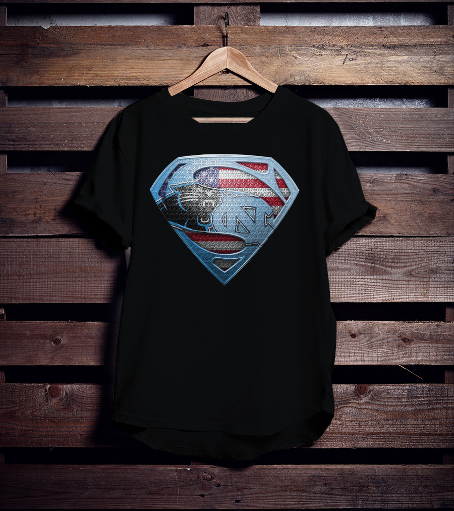 North Carolina Tar Heels And Carolina Panthers Superman Shield With American Flag T-Shirt