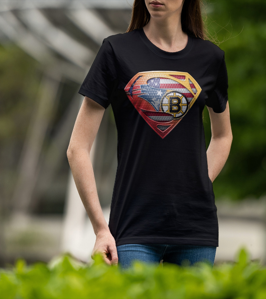 Superman Shield American Flag Boston Bruins New England Patriots T-Shirt