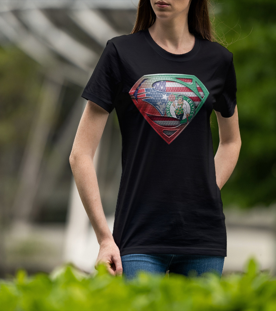 Superman Shield With Boston Celtics Logo And American Flag T-Shirt