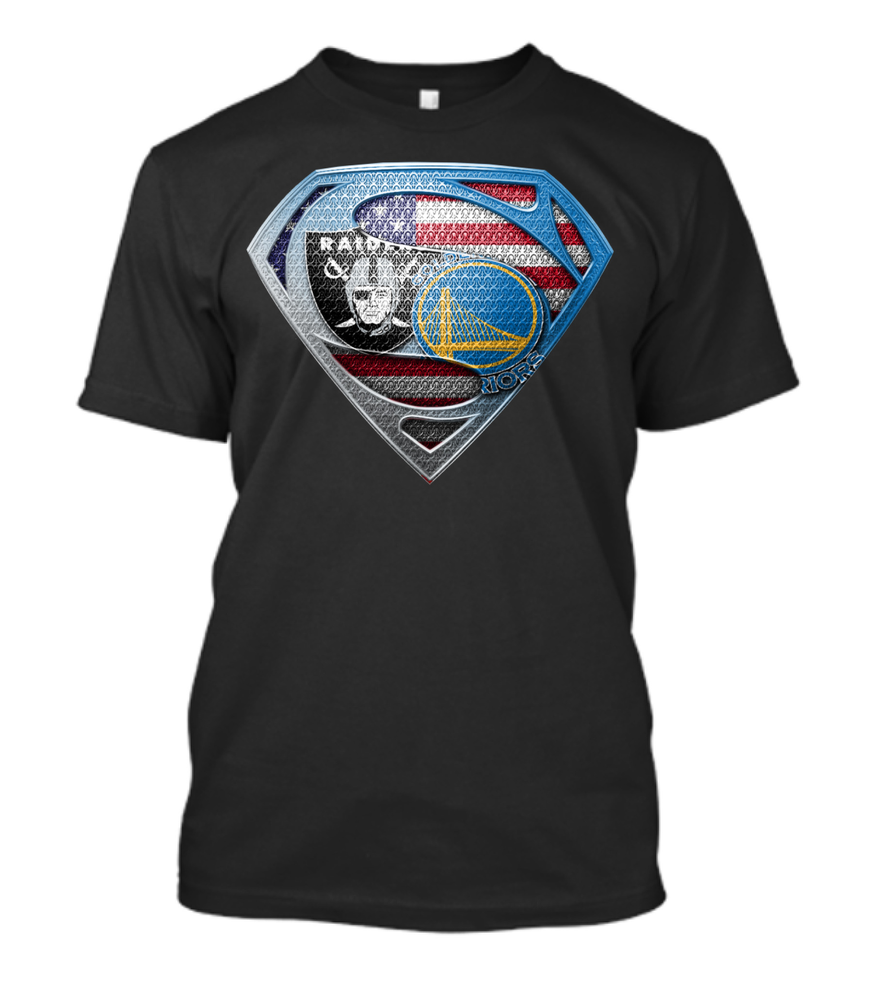 Raiders Warriors Usa Shield Nfl Nba Iconic Logo Fusion T-Shirt