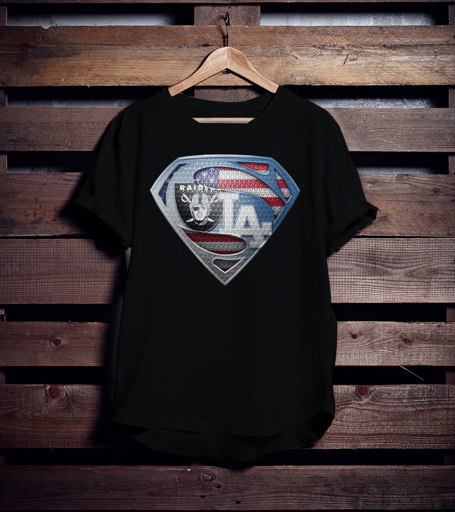 Raiders La Dodgers Superman Logo American Flag Football Baseball Fan T-Shirt