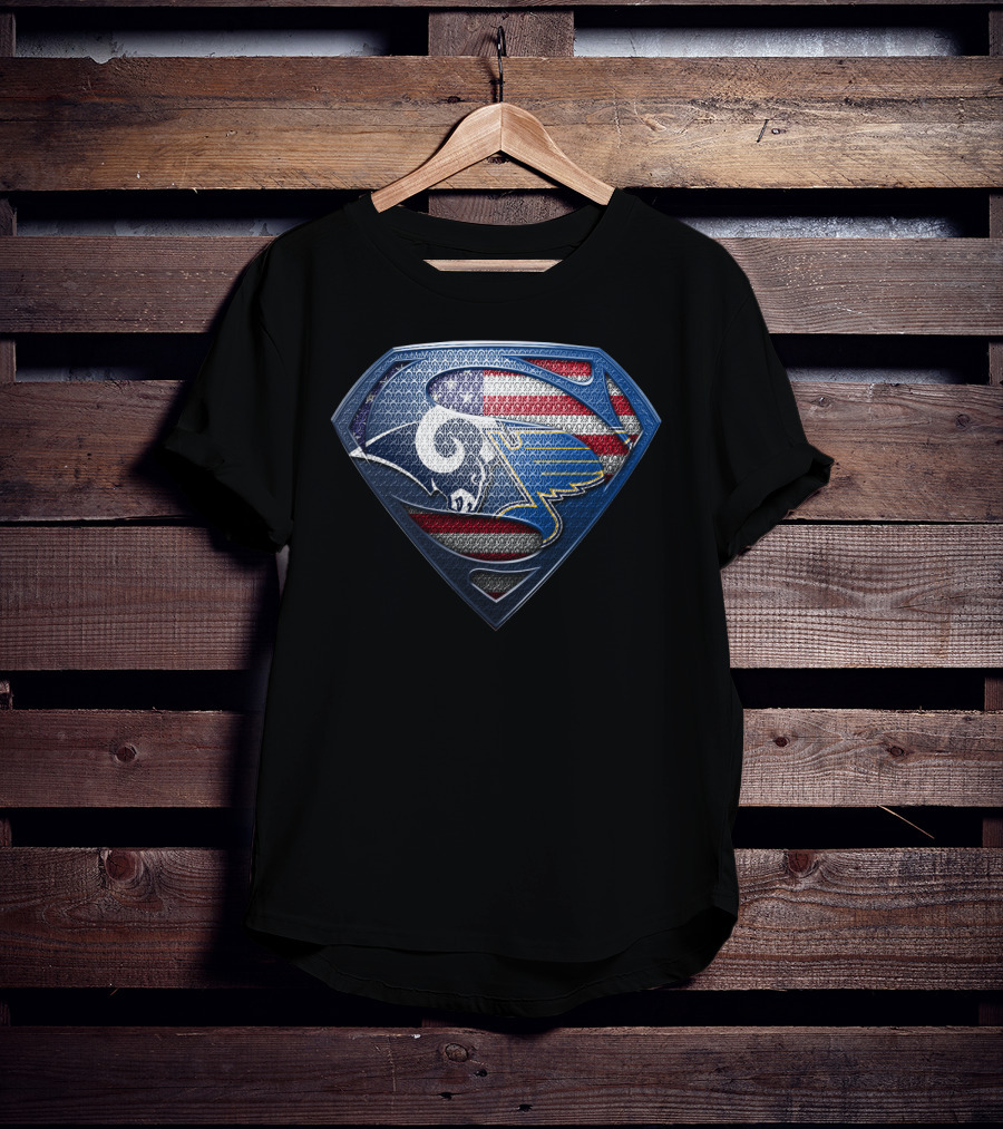 Los Angeles Rams St. Louis Blues American Flag Superman Shield Fusion T-Shirt