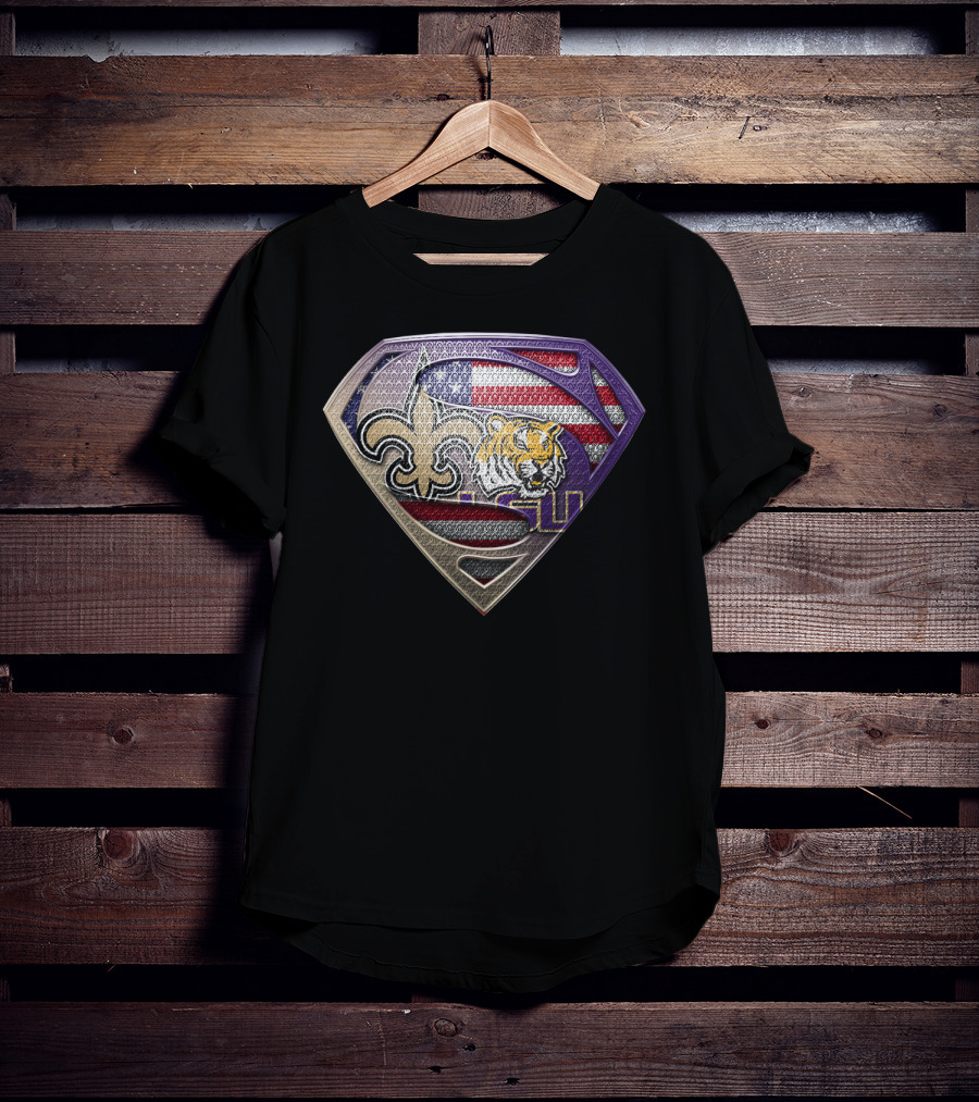 Superman Shield Saints Lsu Tigers American Flag T-Shirt