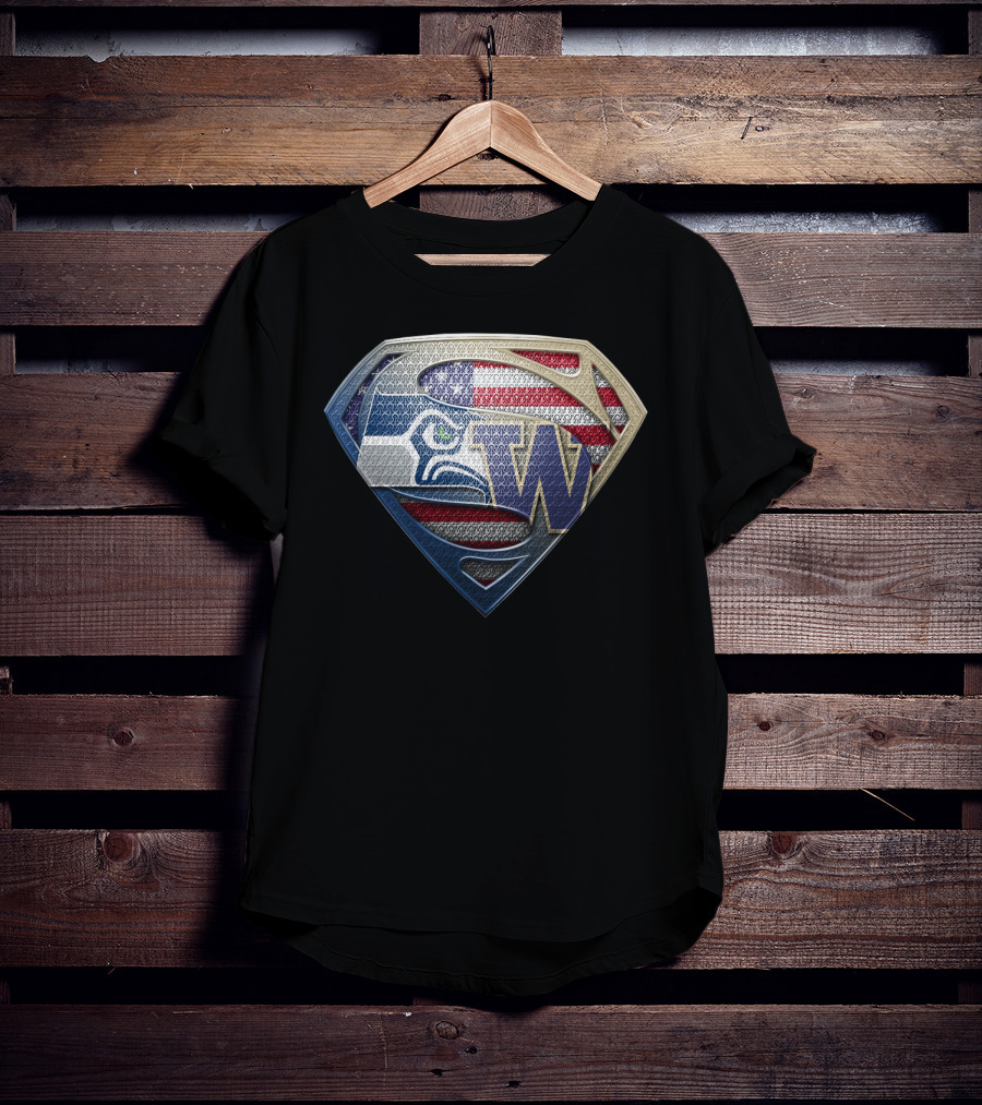 Seattle Seahawks Superman Logo With American Flag And Washington Huskies W T-Shirt