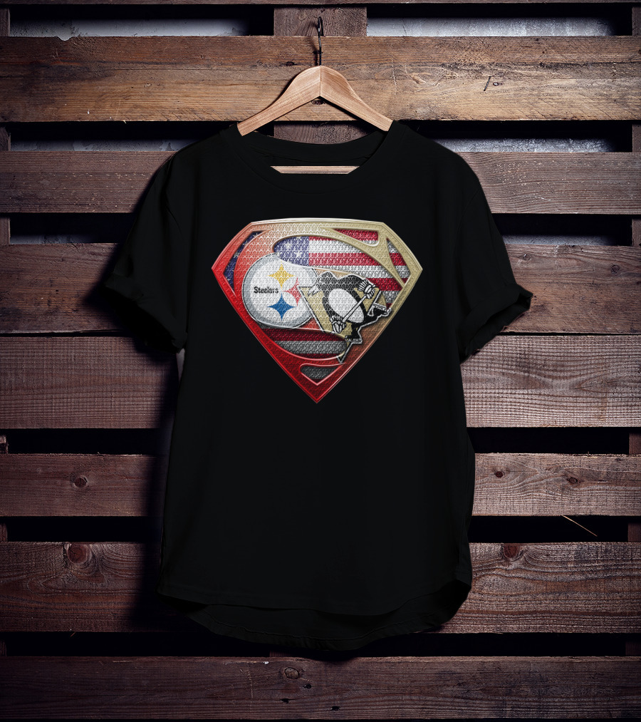 Steelers Penguins American Flag Superman Shield T-Shirt