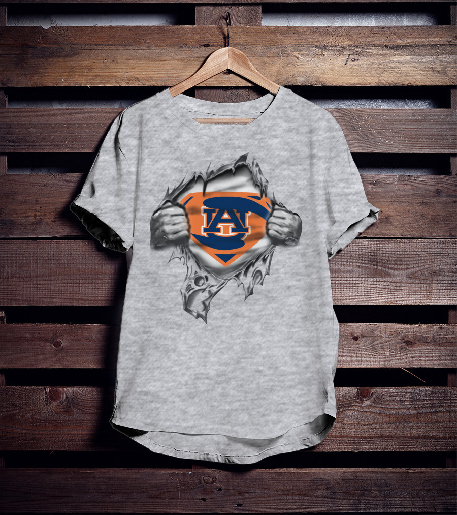 Auburn University Au Logo Superhero Emblem Ripping Through Gray T-Shirt
